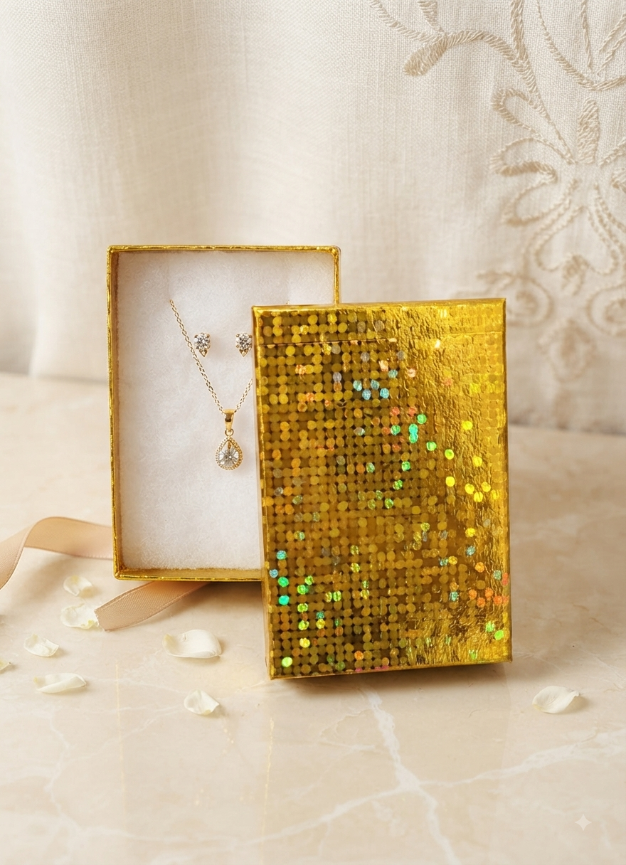 Caja de Regalo Dorada Holográfica con Tapa para Joyería y Accesorios