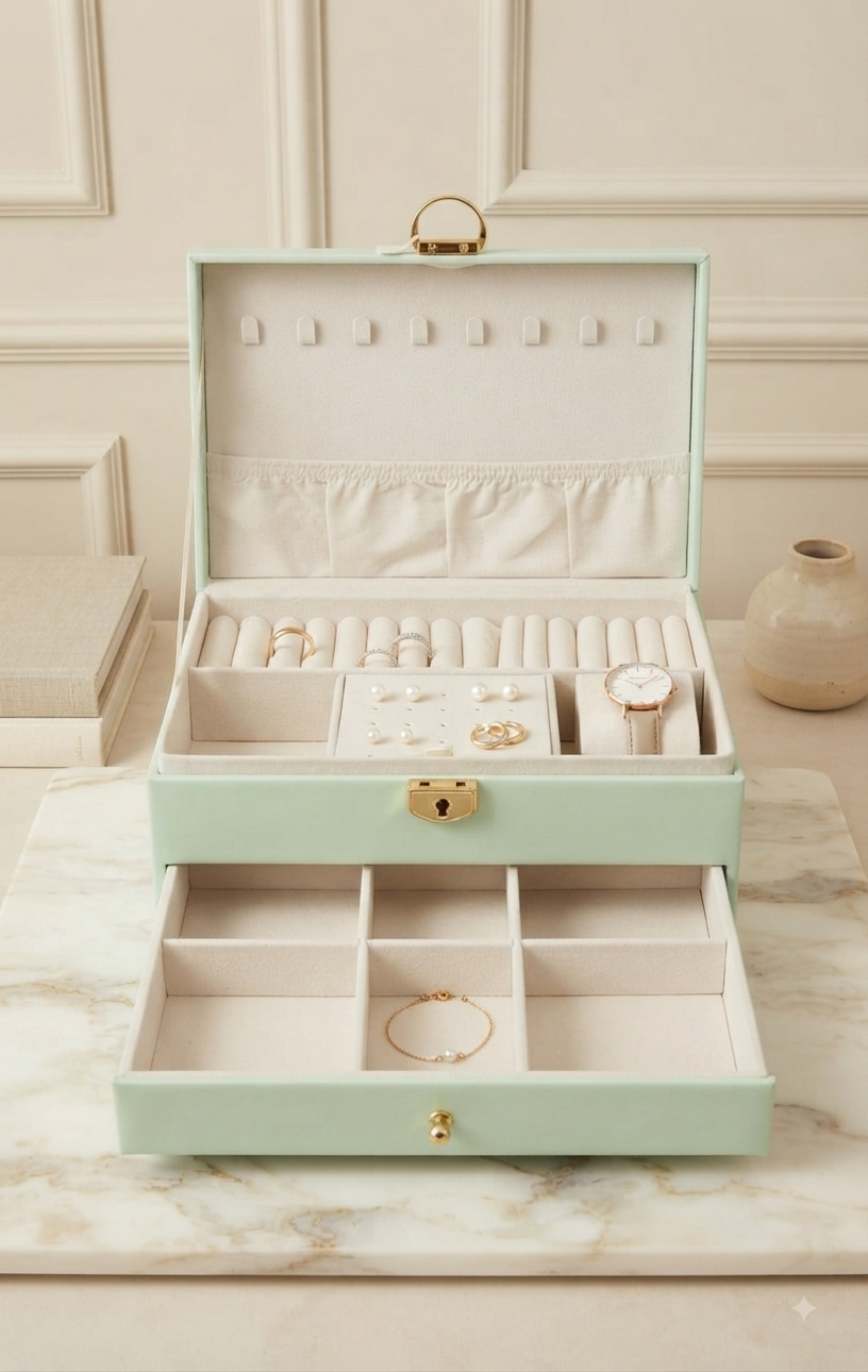 Joyero Organizador de Lujo en Tono Menta con Detalles Dorados