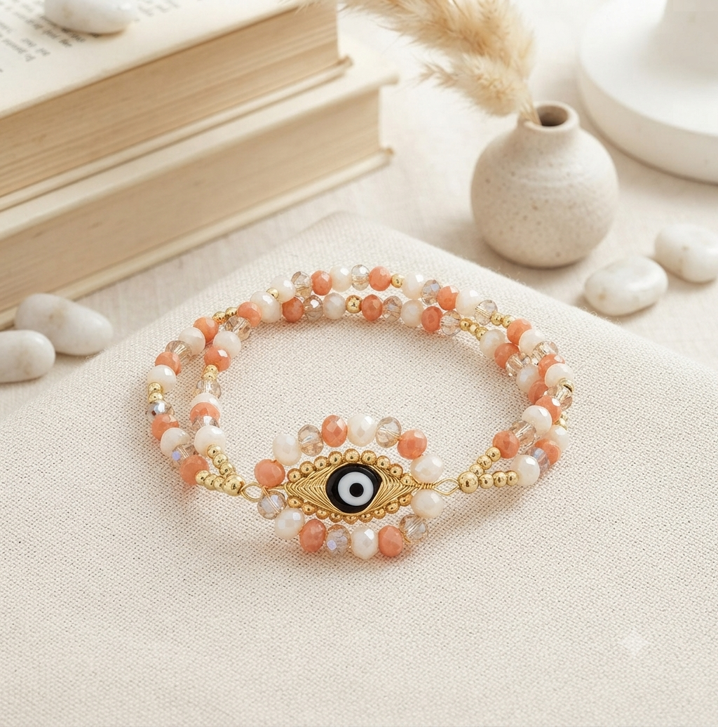 Pulsera Doble con Ojo Turco y Abalorios
