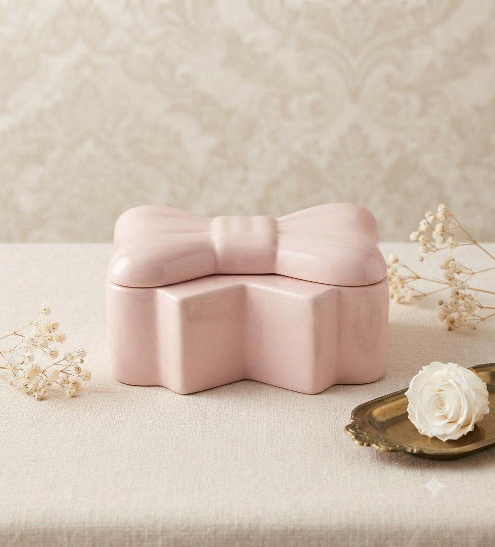 Vela Aromática de Lujo en Envase de Cerámica con Tapa en Forma de Moño - Color Rosa