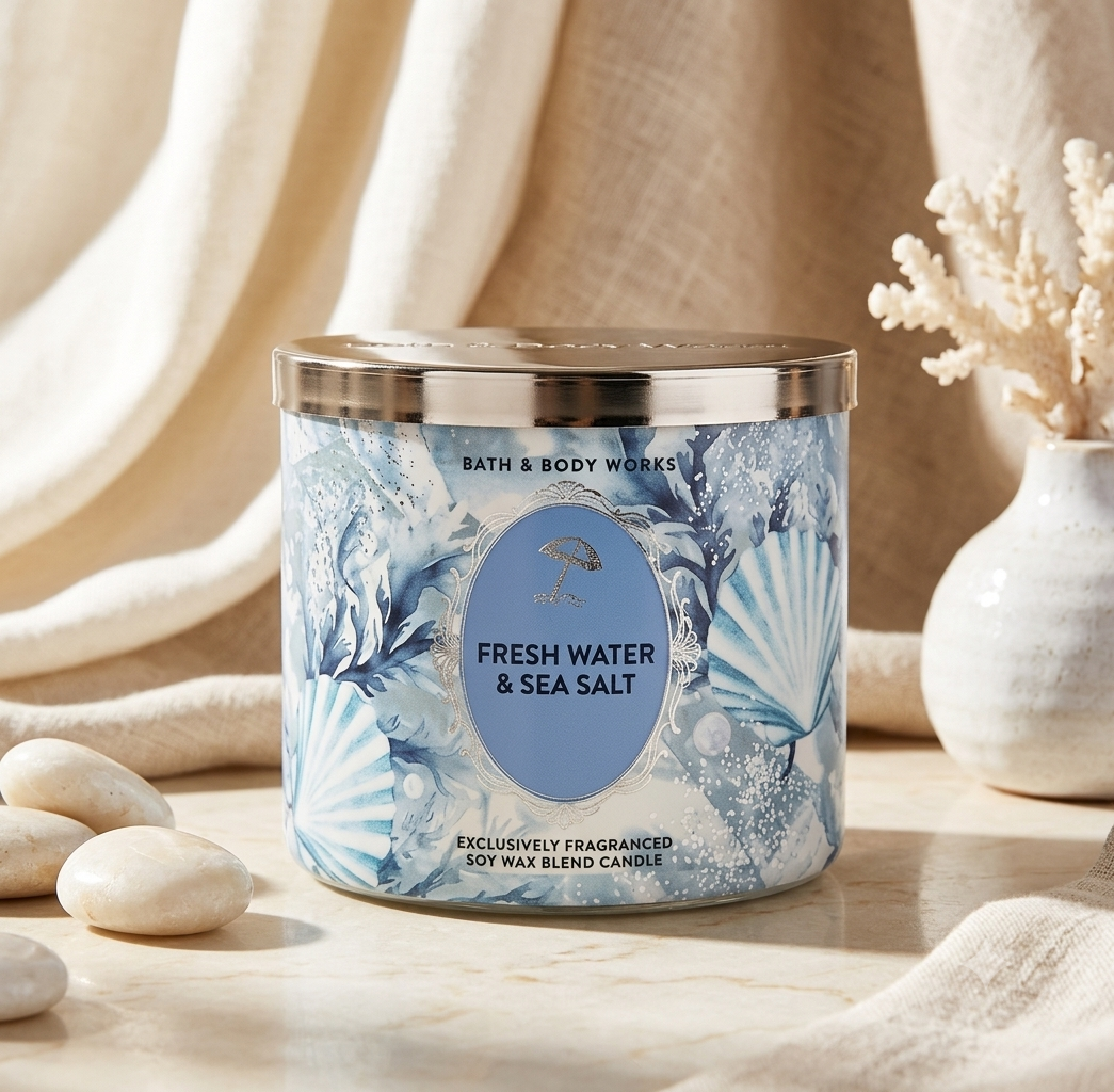 Vela Aromática de 3 Mechas - Agua Fresca y Sal Marina (Bath & Body Works)