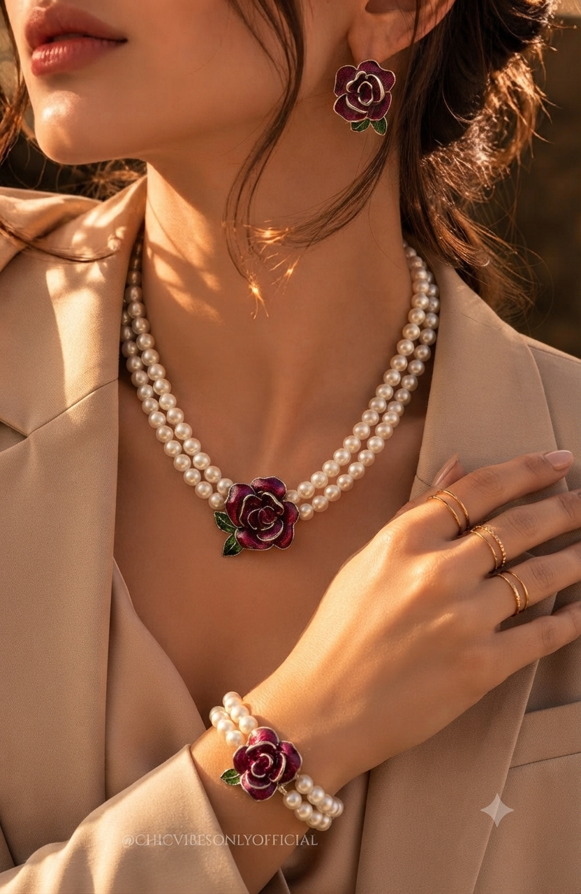 Colección Romance Floral: Juego Completo de Perlas y Rosa Magenta