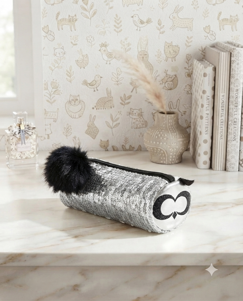 Estuche / Lapicera Cilíndrica de Lentejuelas con Pompones — Inkologu