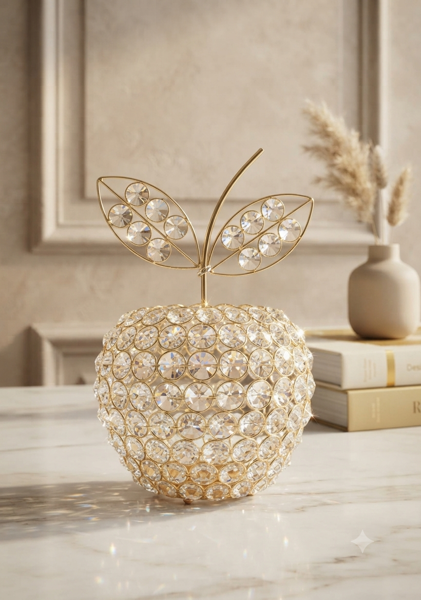 Adorno Decorativo en Forma de Manzana con Cristales y Base Dorada