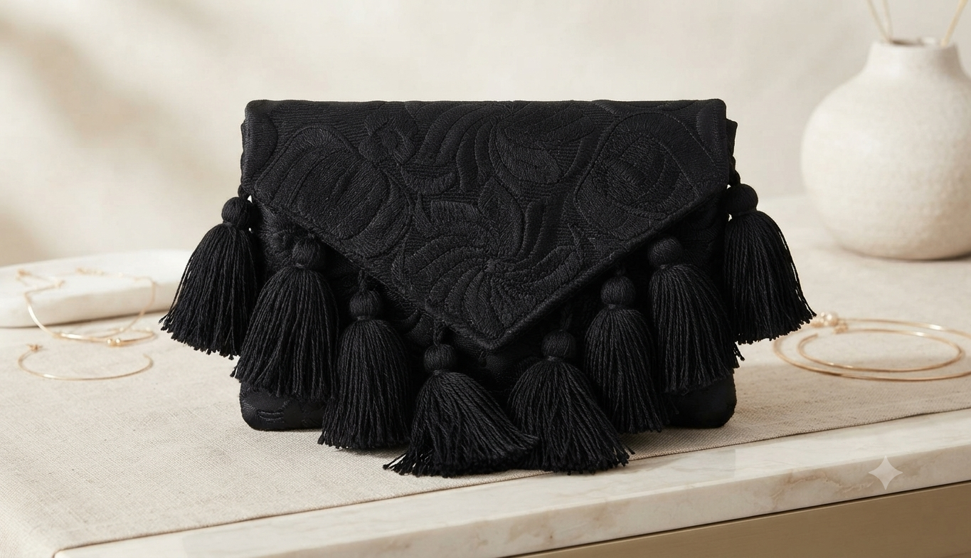 Bolsa de Clutch Artesanal de Gala con Borlas en Relieve