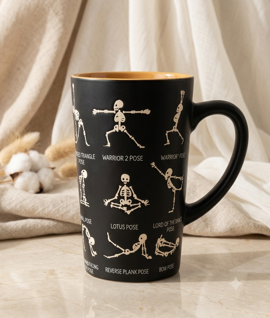 Taza Cónica de Cerámica Mate – Edición Especial: "Esqueletos en Posturas de Yoga"