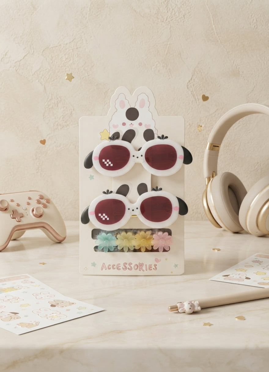 Set de Pinzas para Cabello con Diseño de Gafas y Flores – Estilo Kawaii