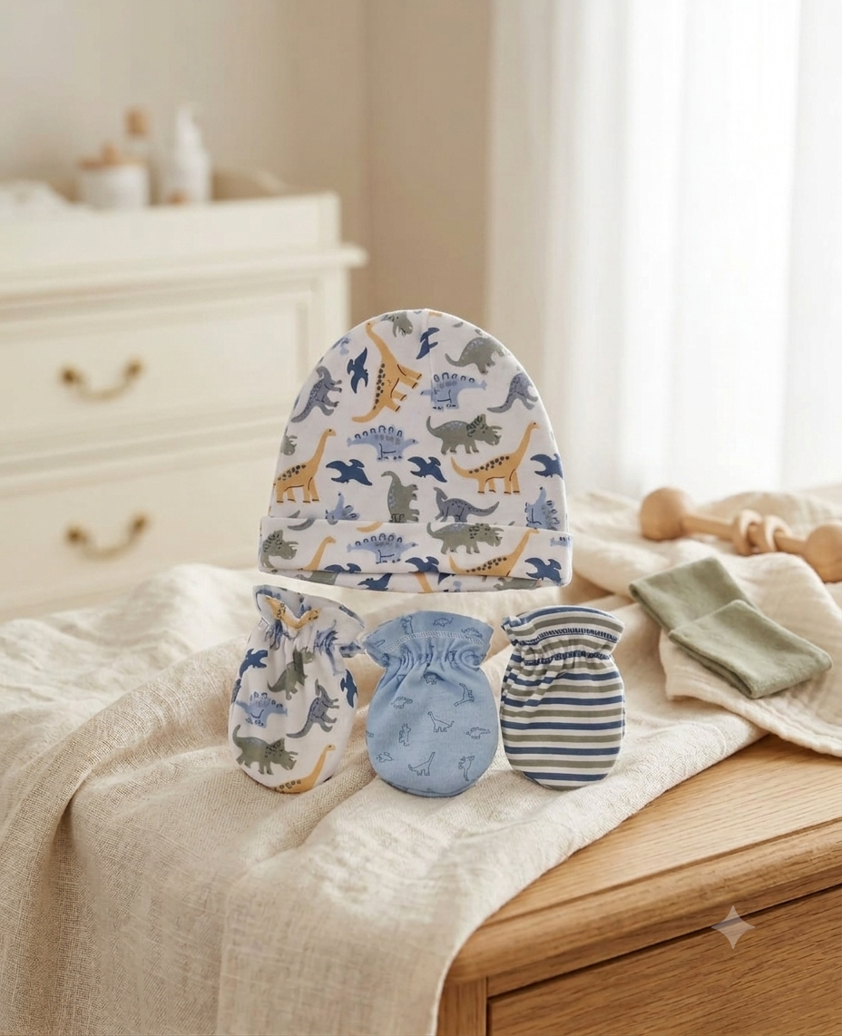 Set de Gorritos y Guantes para Bebé (6 Piezas) – Colección Dinosaurios