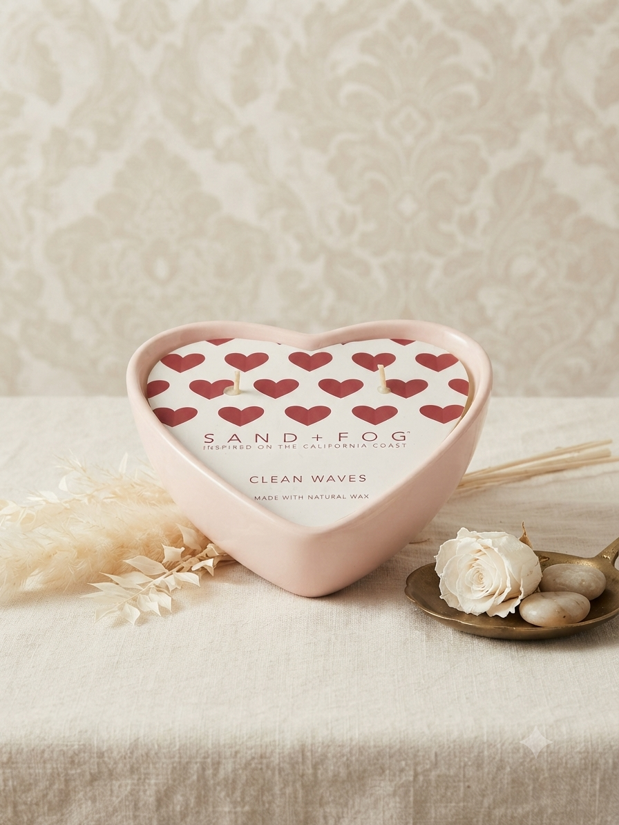 Vela Aromática en Contenedor de Cerámica en Forma de Corazón "Clean Waves" Sand + Fog