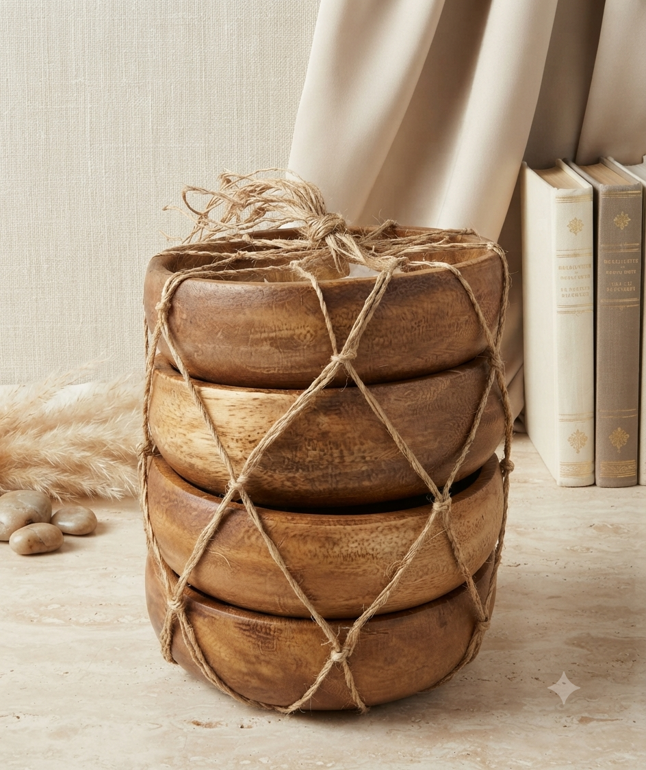 Set de Porta Vasos Artesanales de Madera – Estilo Rústico con Red Decorativa