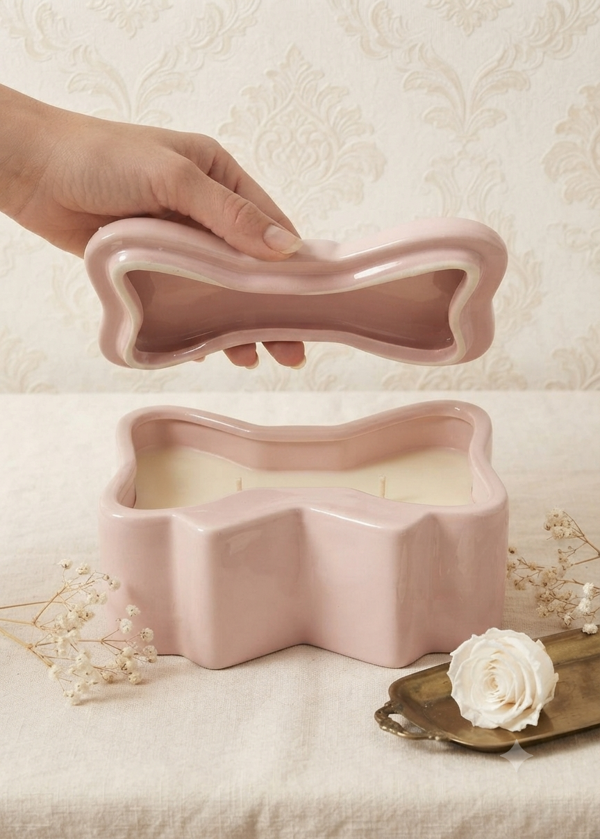 Vela Aromática de Lujo en Envase de Cerámica con Tapa en Forma de Moño - Color Rosa