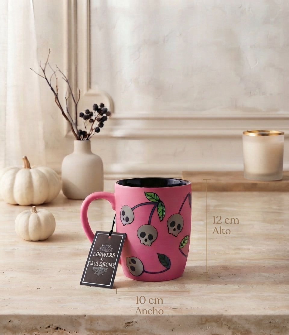 Taza de Cerámica Rosa con Diseño de Calaveras y Cerezas Góticas
