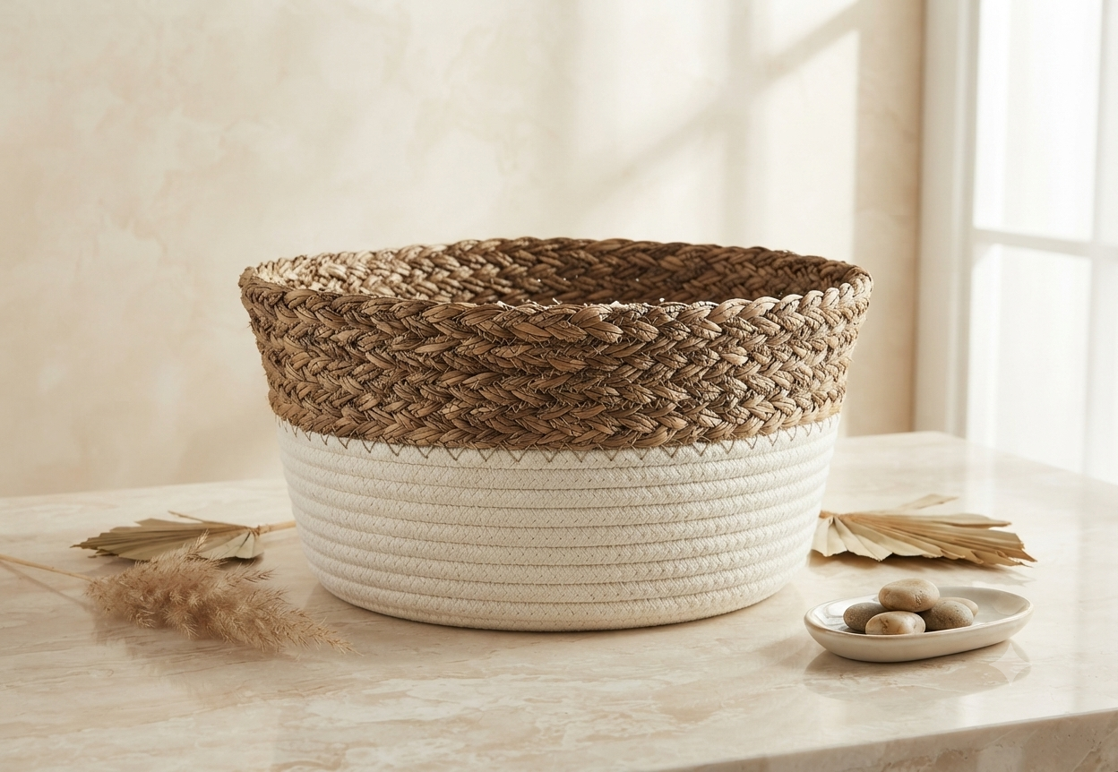 Canasta Organizadora Artesanal "Boho Chic" – Diseño Bicolor en Fibras Naturales