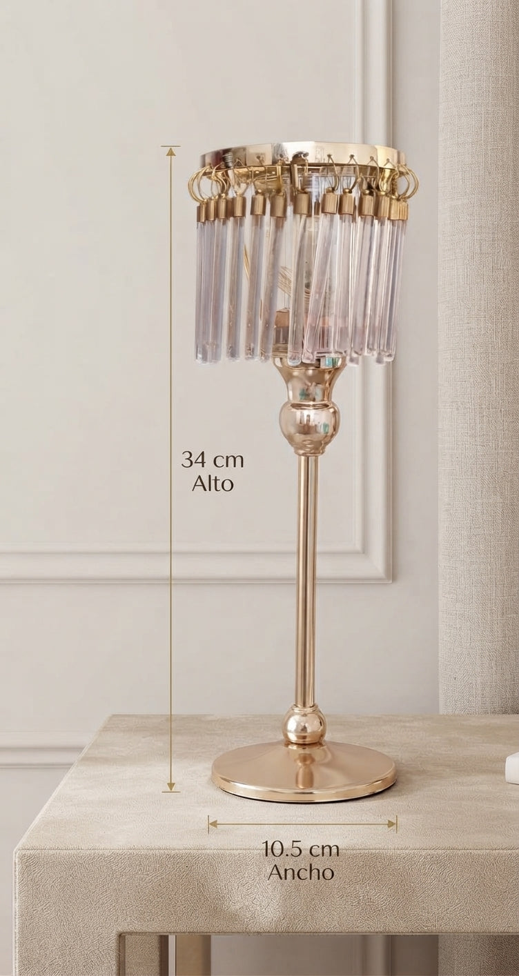 Portavela Decorativo Cilíndrico con Detalles de Cristal y Base Dorada