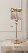 Portavela Decorativo Cilíndrico con Detalles de Cristal y Base Dorada