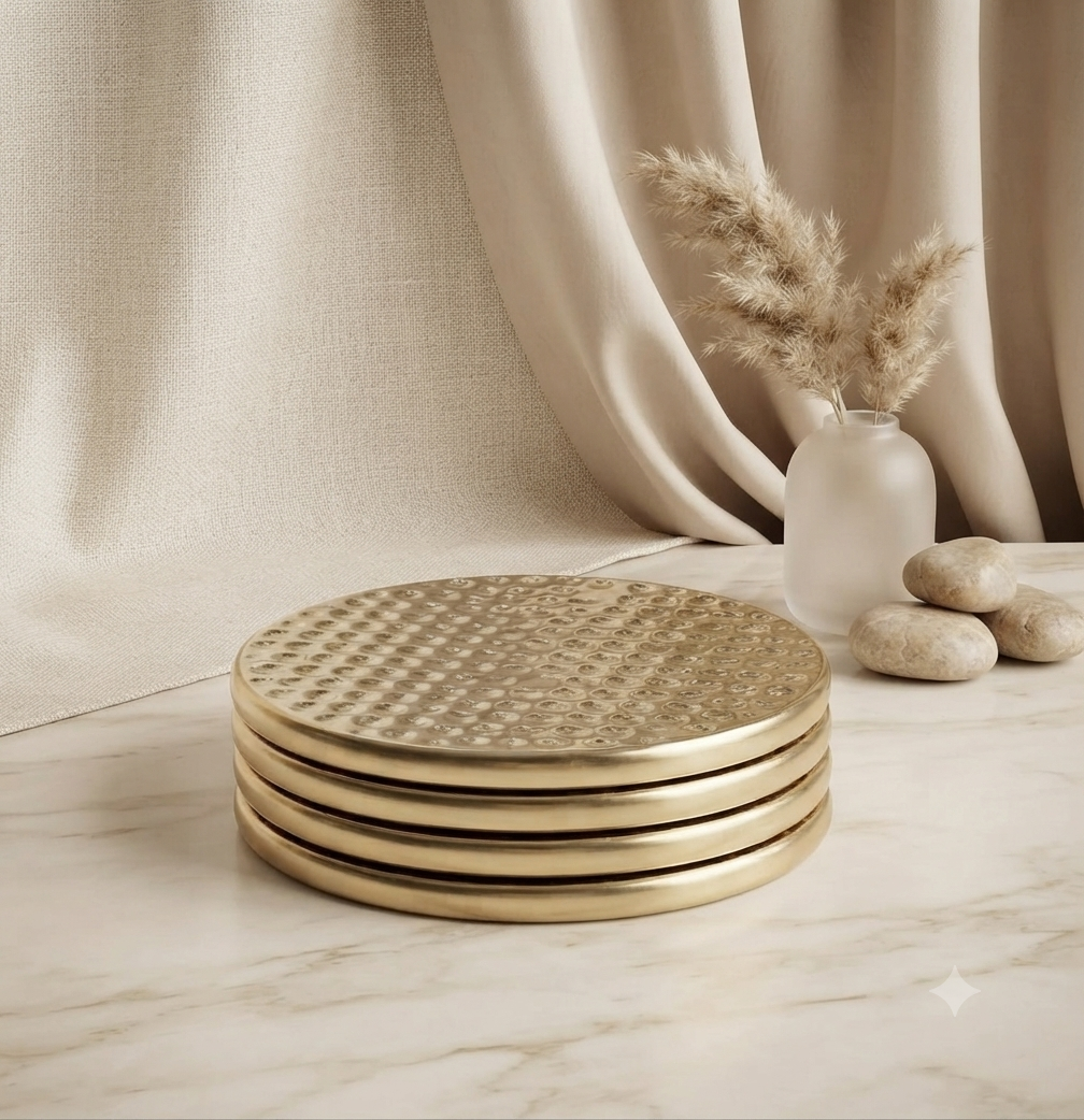 Set de 4 Porta Vasos Circulares con Textura Relieve – Acabado Metálico Elegante