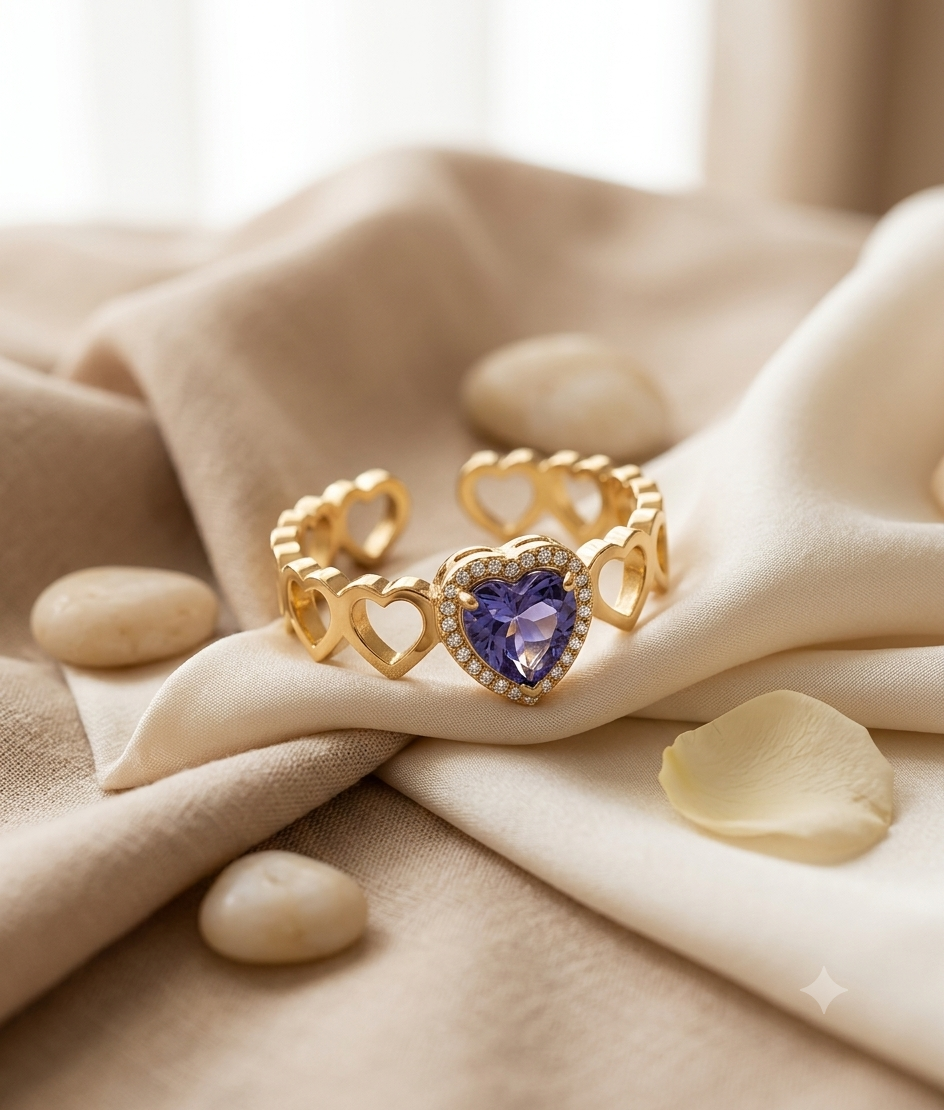 Anillo Corazones con Piedra Morada Ajustable