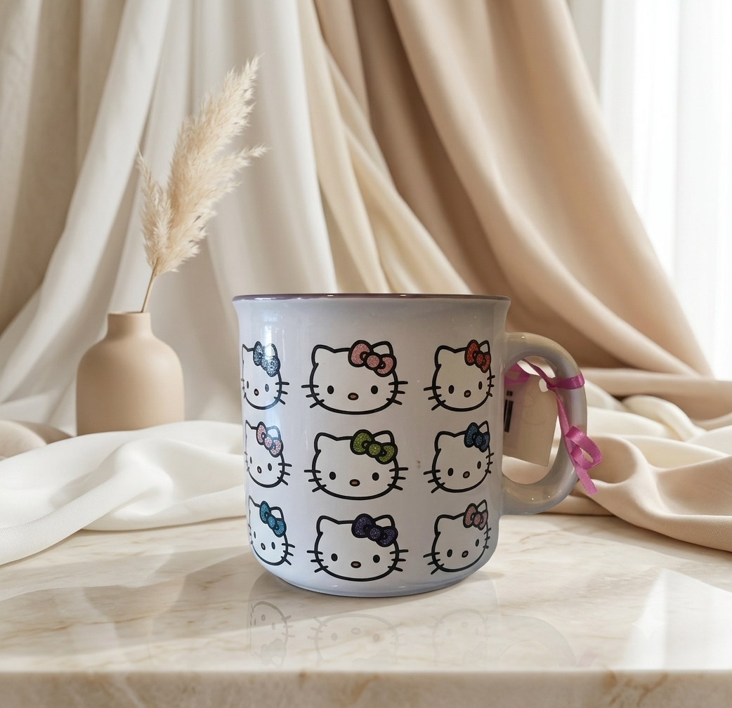 Taza de Cerámica Jumbo Hello Kitty – Colección Moños de Colores con Brillo (Glitter)
