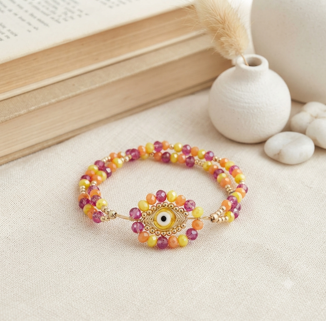 Pulsera Doble con Ojo Turco y Abalorios