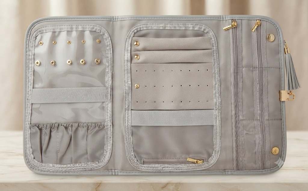 Cartera Organizadora de Joyas de Viaje Premium – Estilo Elegante en Gris