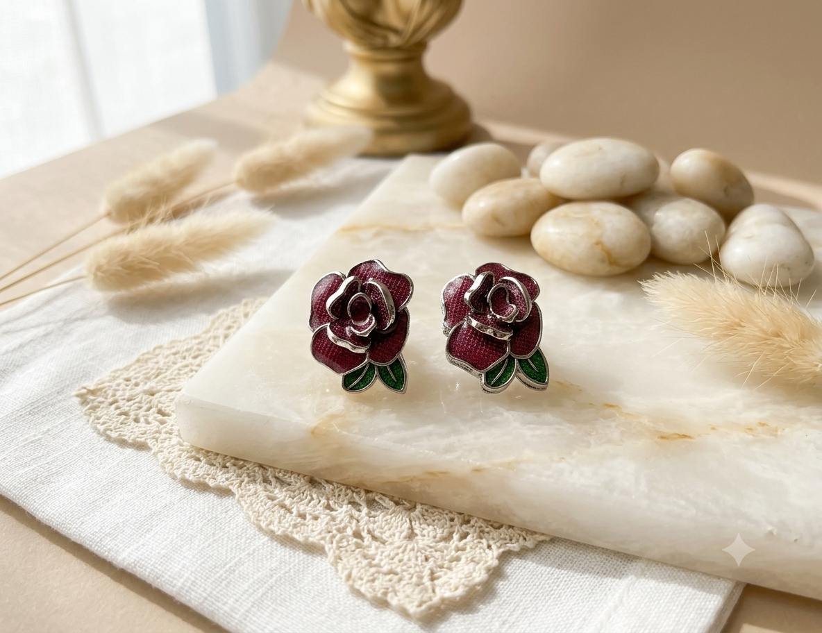 Aretes de Rosas Estilo Enamel con Metal Plateado