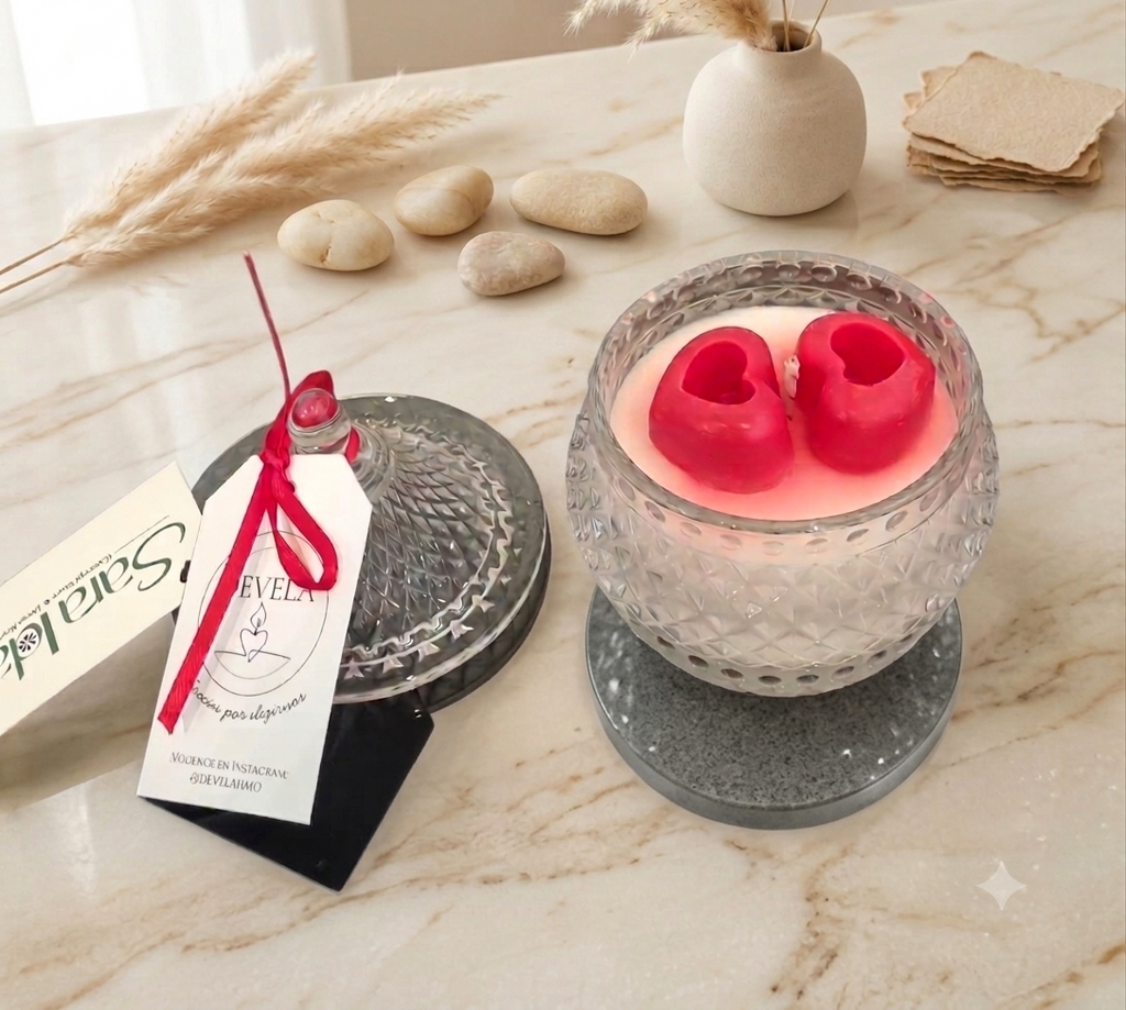Vela Artesanal Premium "Devela" en Bombonera de Vidrio Tallado – Colección Aromas Sorpresa