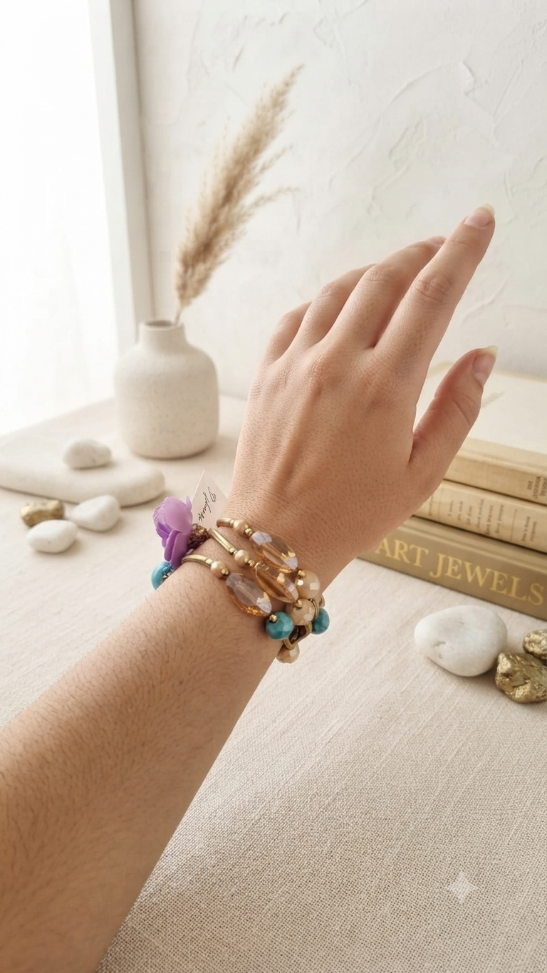 Pulsera Triple, Detalle Floral y Cuentas Doradas