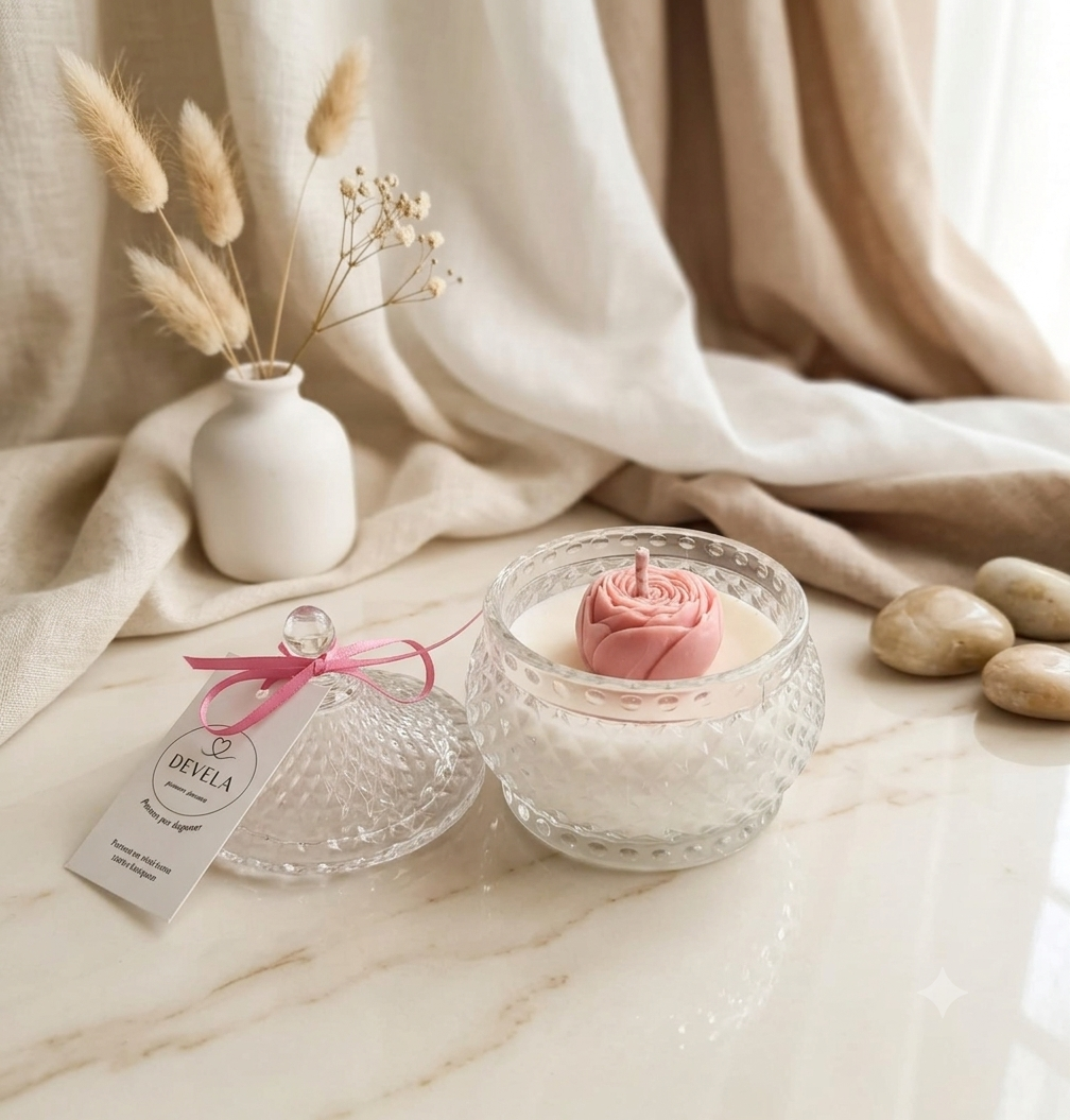 Vela Artesanal Premium "Devela" en Bombonera de Vidrio Tallado – Colección Aromas Sorpresa
