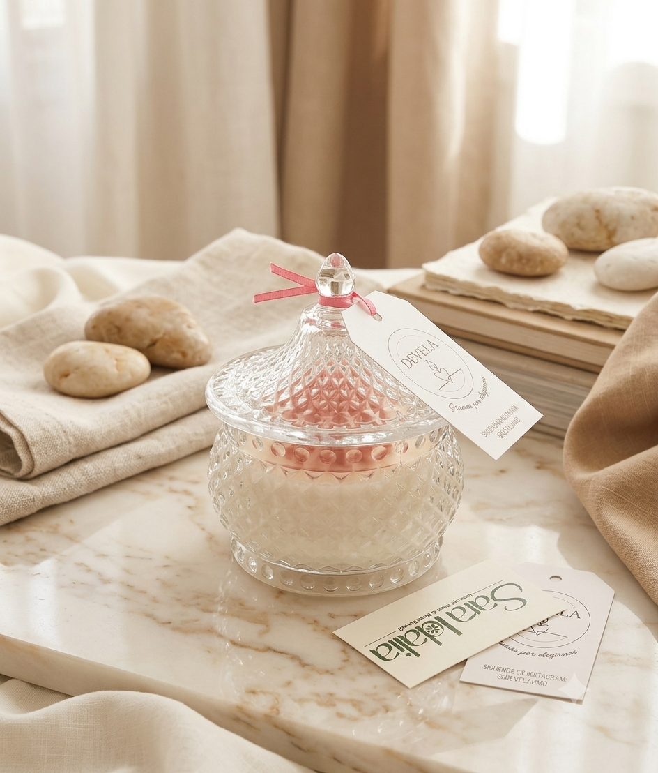 Vela Artesanal Premium "Devela" en Bombonera de Vidrio Tallado – Colección Aromas Sorpresa