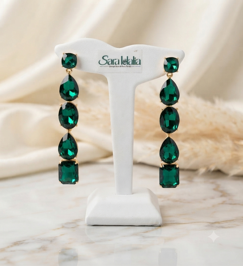 Aretes de Cristal en Cascada - Edición Esmeralda y Negro