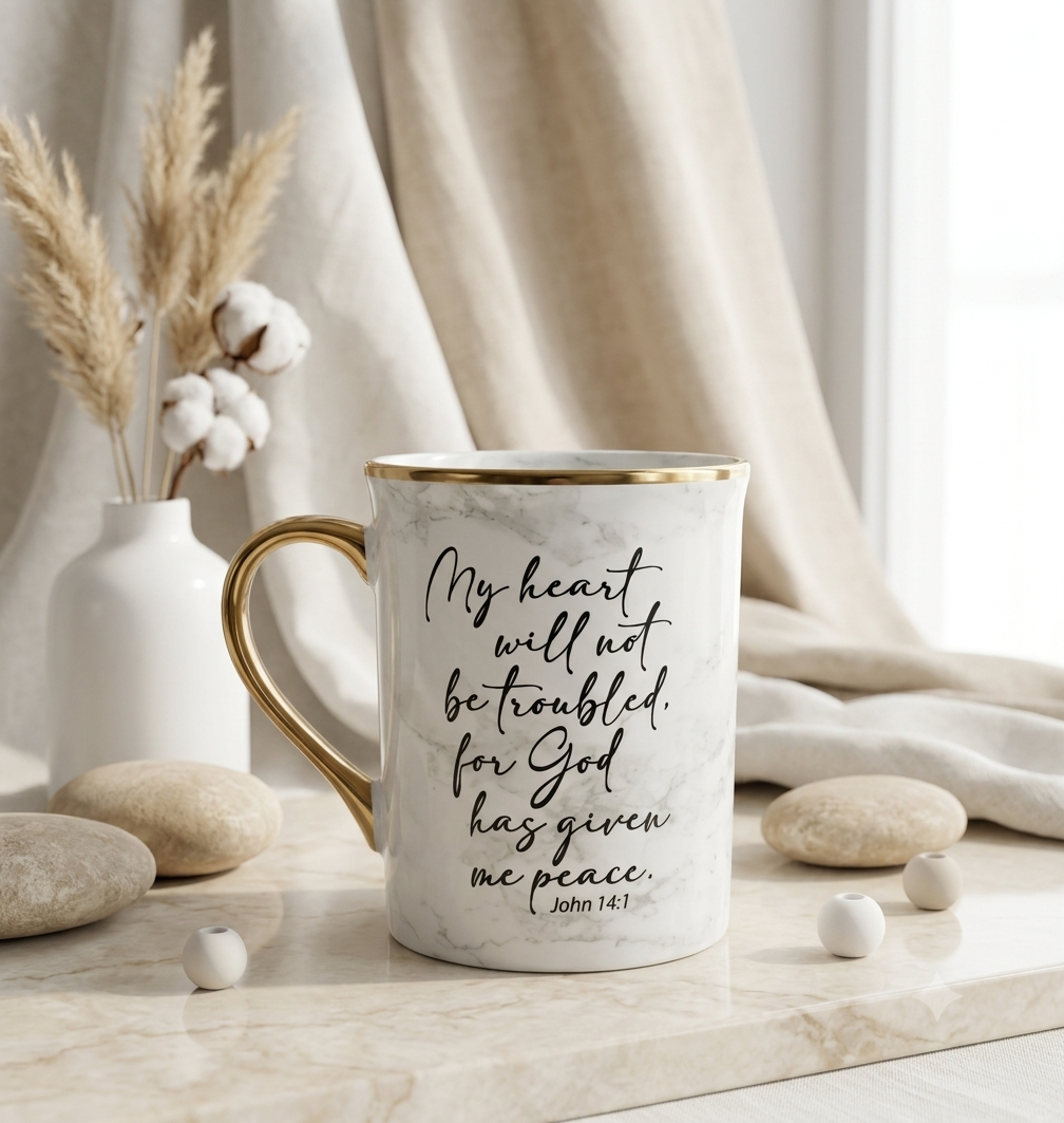 TAZA MARMOLEADA BLANCA CON BORDES DORADOS Y TEXTO