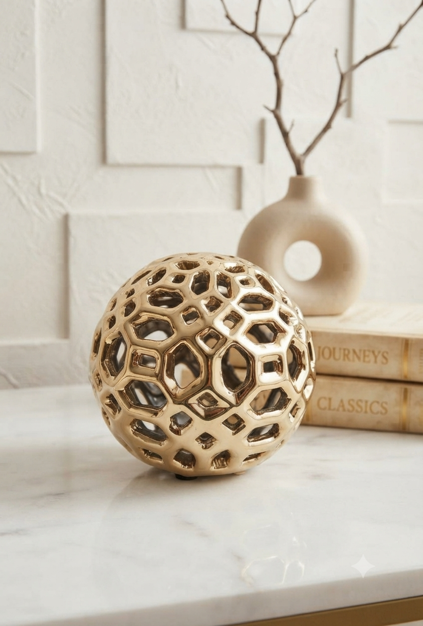 Esfera Decorativa Metálica Dorada con Patrón Geométrico Calado