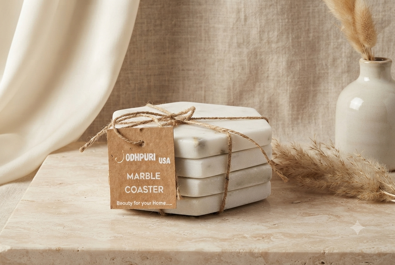 Set de Porta Vasos de Mármol Natural Jodhpuri USA – Diseño Hexagonal Elegante