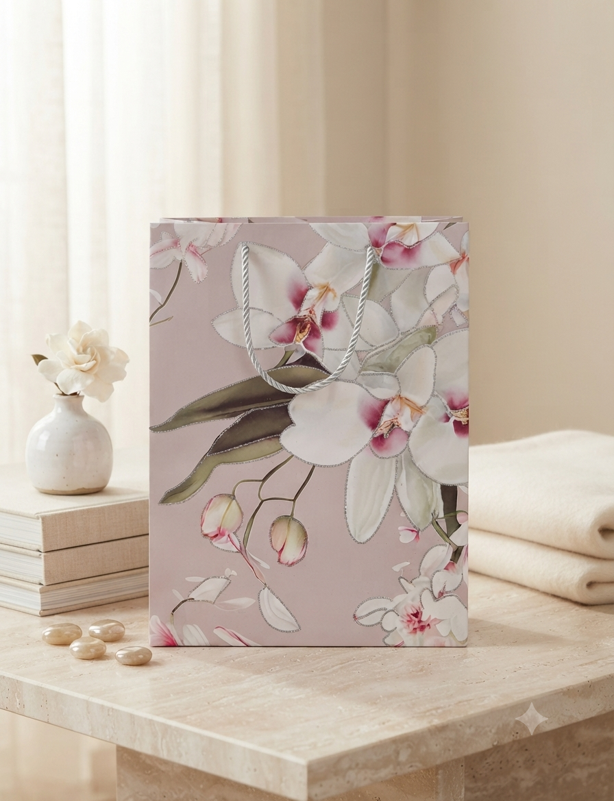 Bolsa de Regalo Decorativa con Diseño de Orquídeas y Brillo