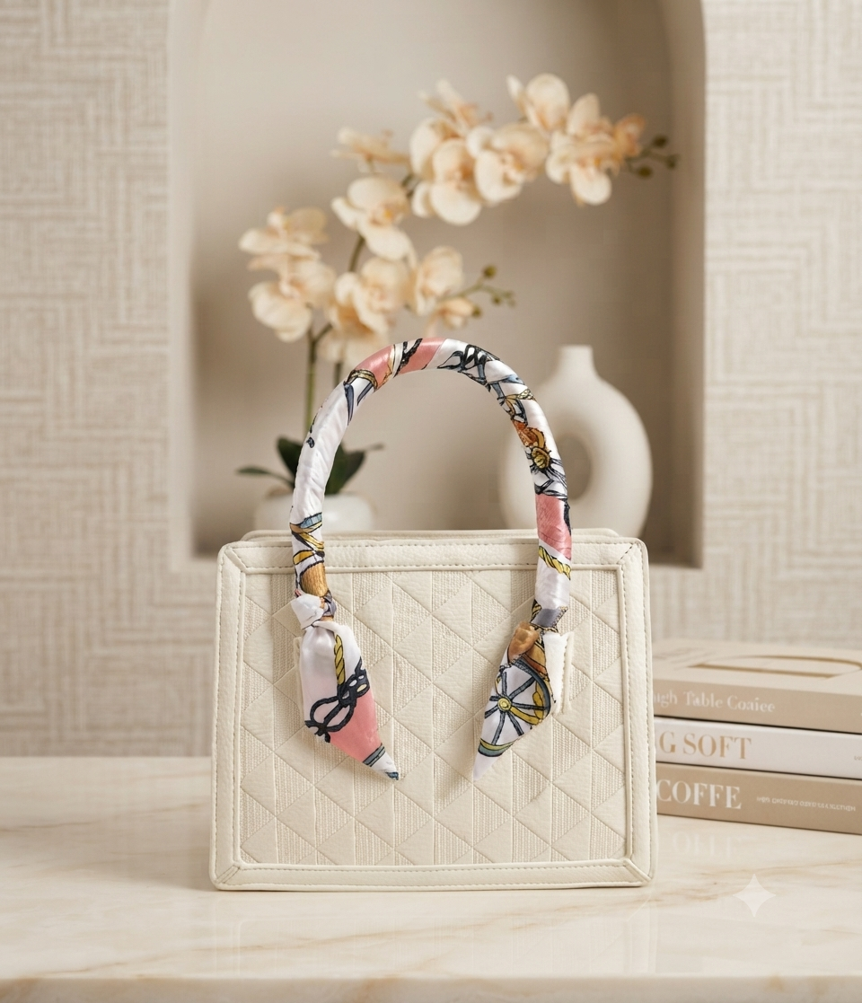 Bolso de Mano Estructurado en Crema con Pañuelo Decorativo y Correa Ajustable