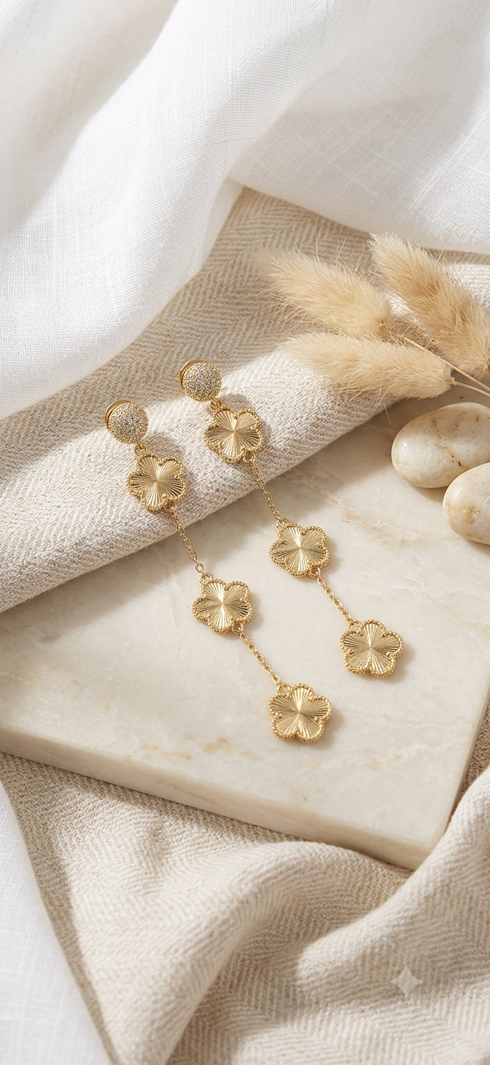 Aretes Largos de Tres Flores con Textura Radiante y Brillos