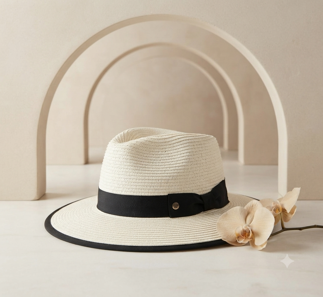 Sombrero Estilo Gabi con Borde Negro y Protección Solar UPF 50+ - Color Ivory
