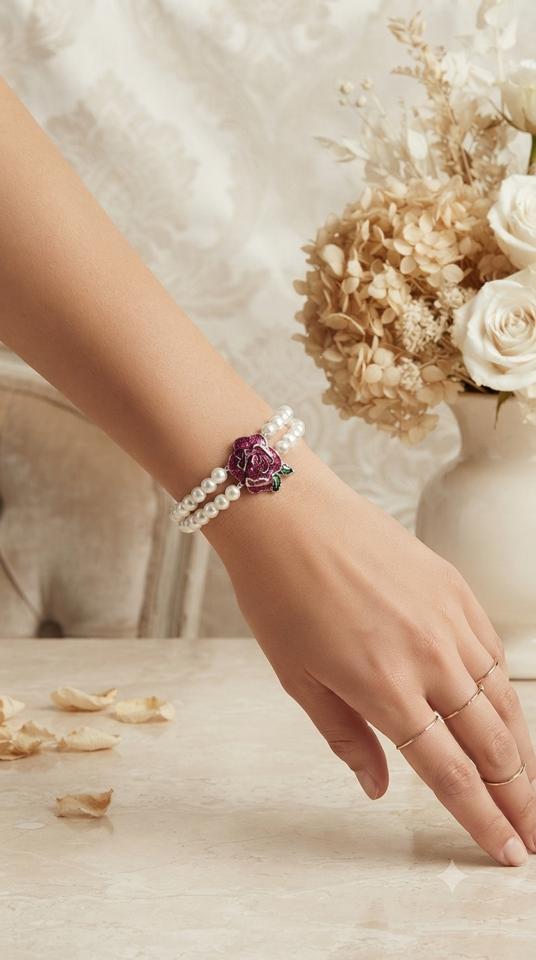Colección Romance Floral: Juego Completo de Perlas y Rosa Magenta