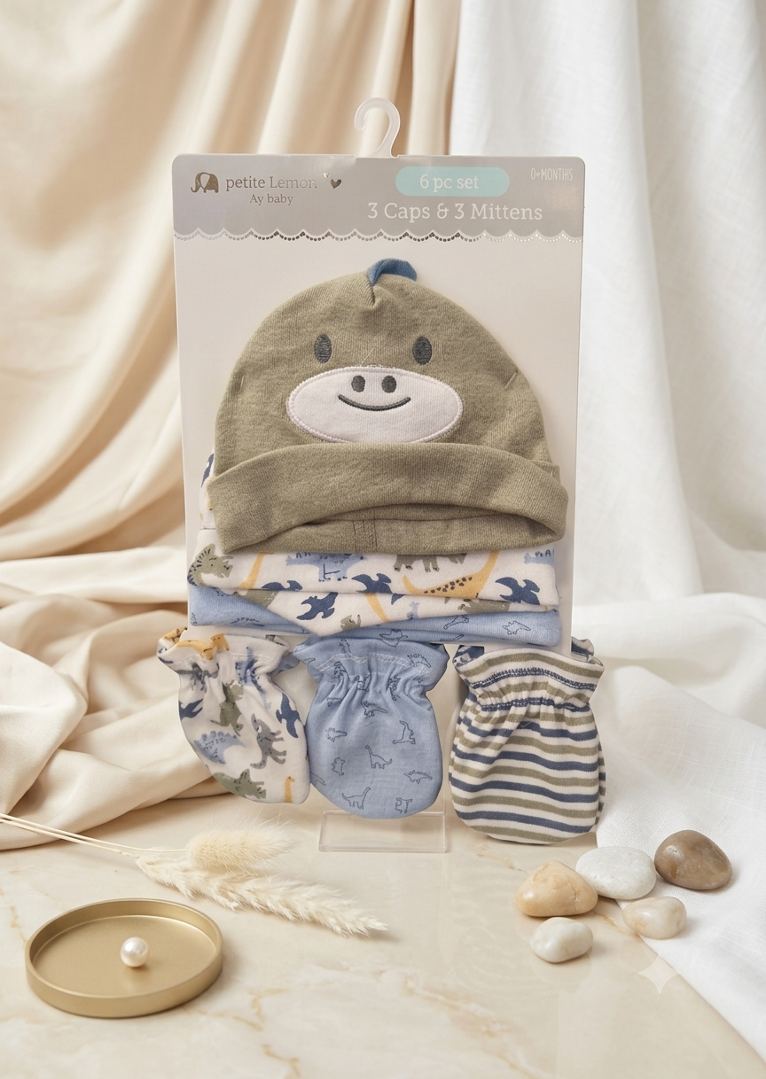 Set de Gorritos y Guantes para Bebé (6 Piezas) – Colección Dinosaurios
