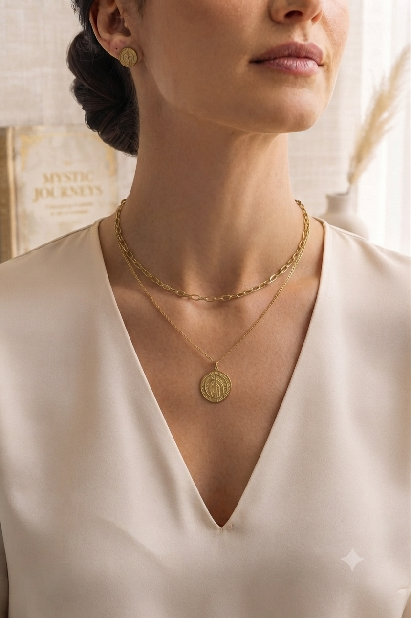 Collar Doble Capa y Aretes en Dorado con Dije Religioso