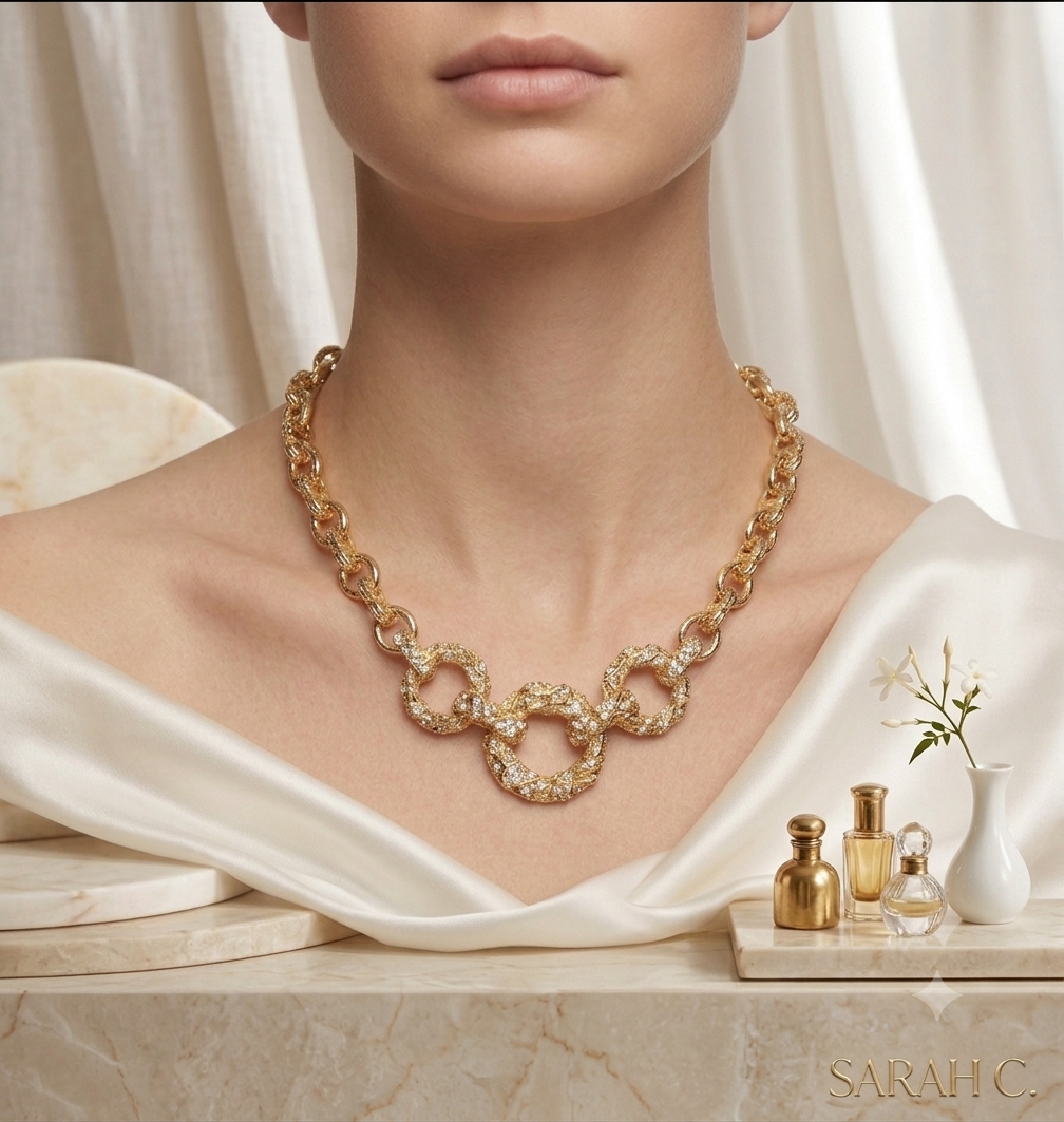 Collar de Eslabones Texturizados con Triple Aro - Colección Luxury Gold