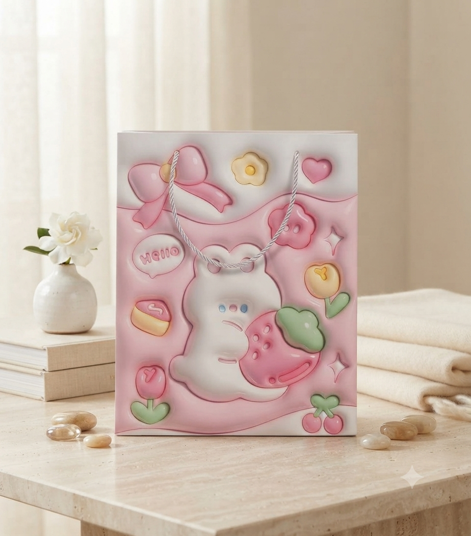 Bolsa de Regalo Decorativa con Diseño 3D Kawaii y Asas de Cordón