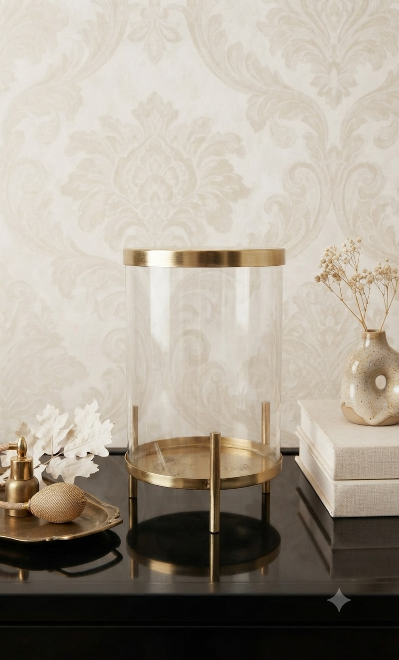 Cilíndro Decorativo de Vidrio con Base Metálica Dorada - Multiusos