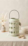 Porta Vela y Linterna Decorativa de Cerámica Verde con Asa