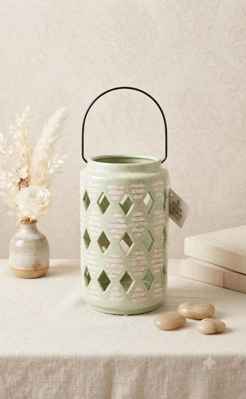 Porta Vela y Linterna Decorativa de Cerámica Verde con Asa