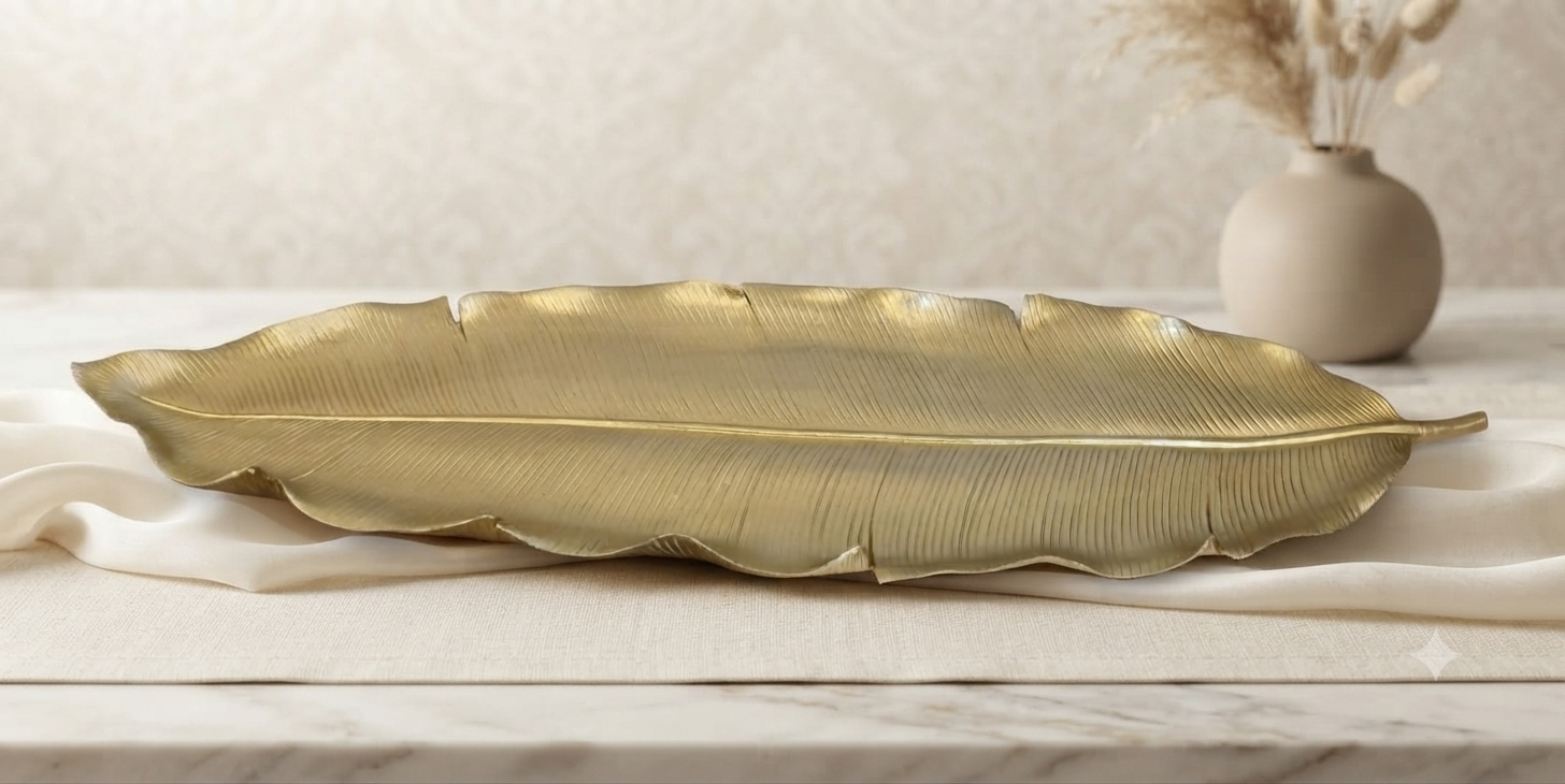 Bandeja Decorativa de Metal Dorado en Forma de Hoja de Plátano - Estilo Botánico de Lujo