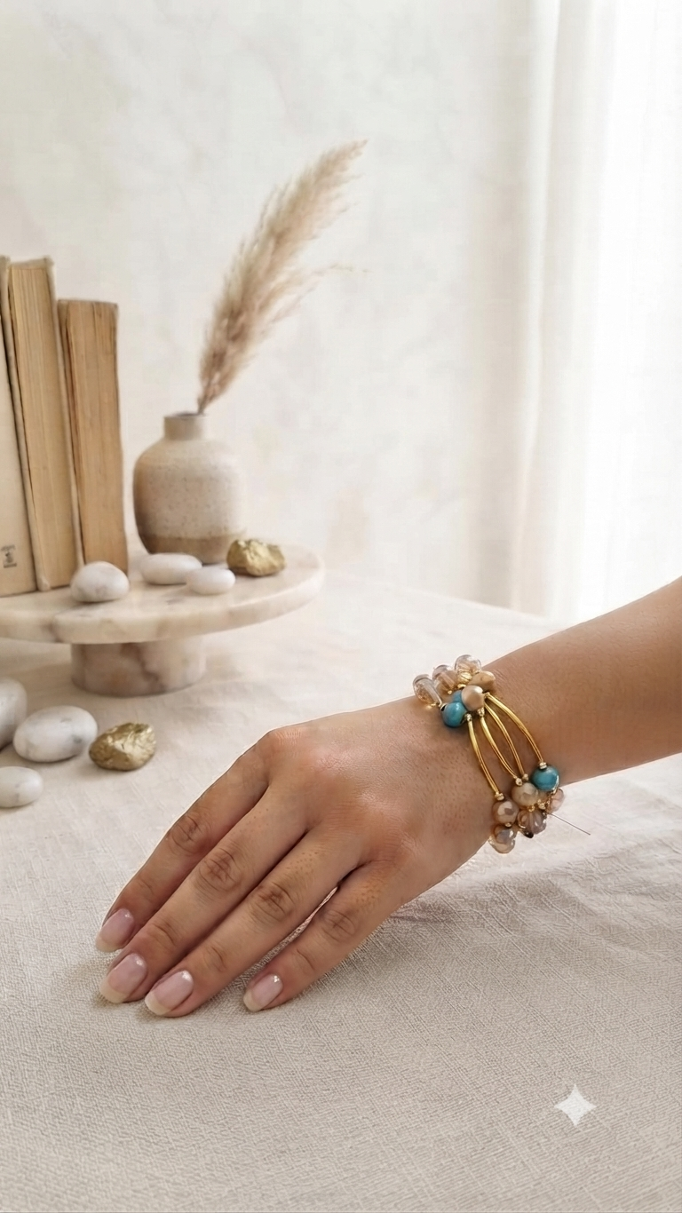 Pulsera Triple, Detalle Floral y Cuentas Doradas