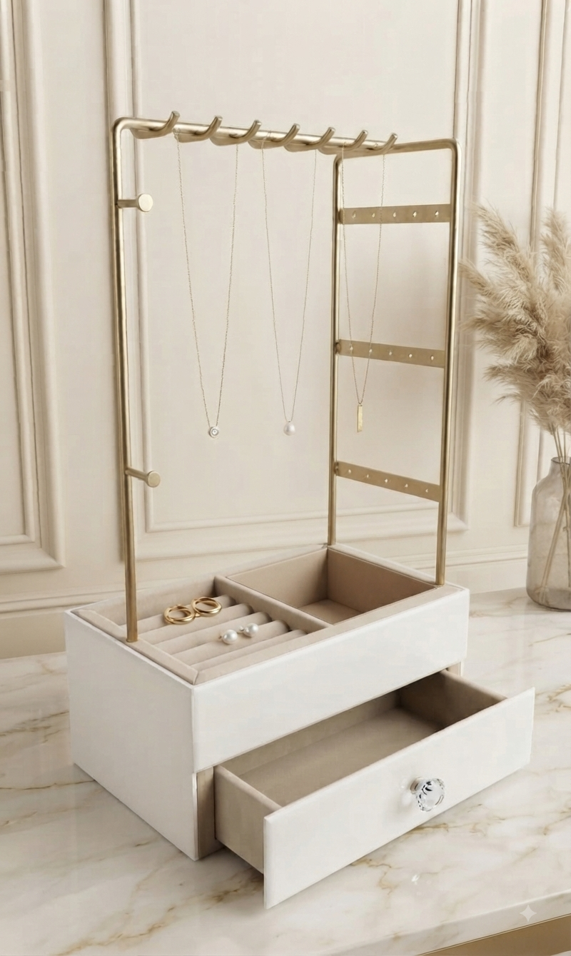 Organizador de Joyas Minimalista con Estructura Dorada y Base Blanca de Lujo