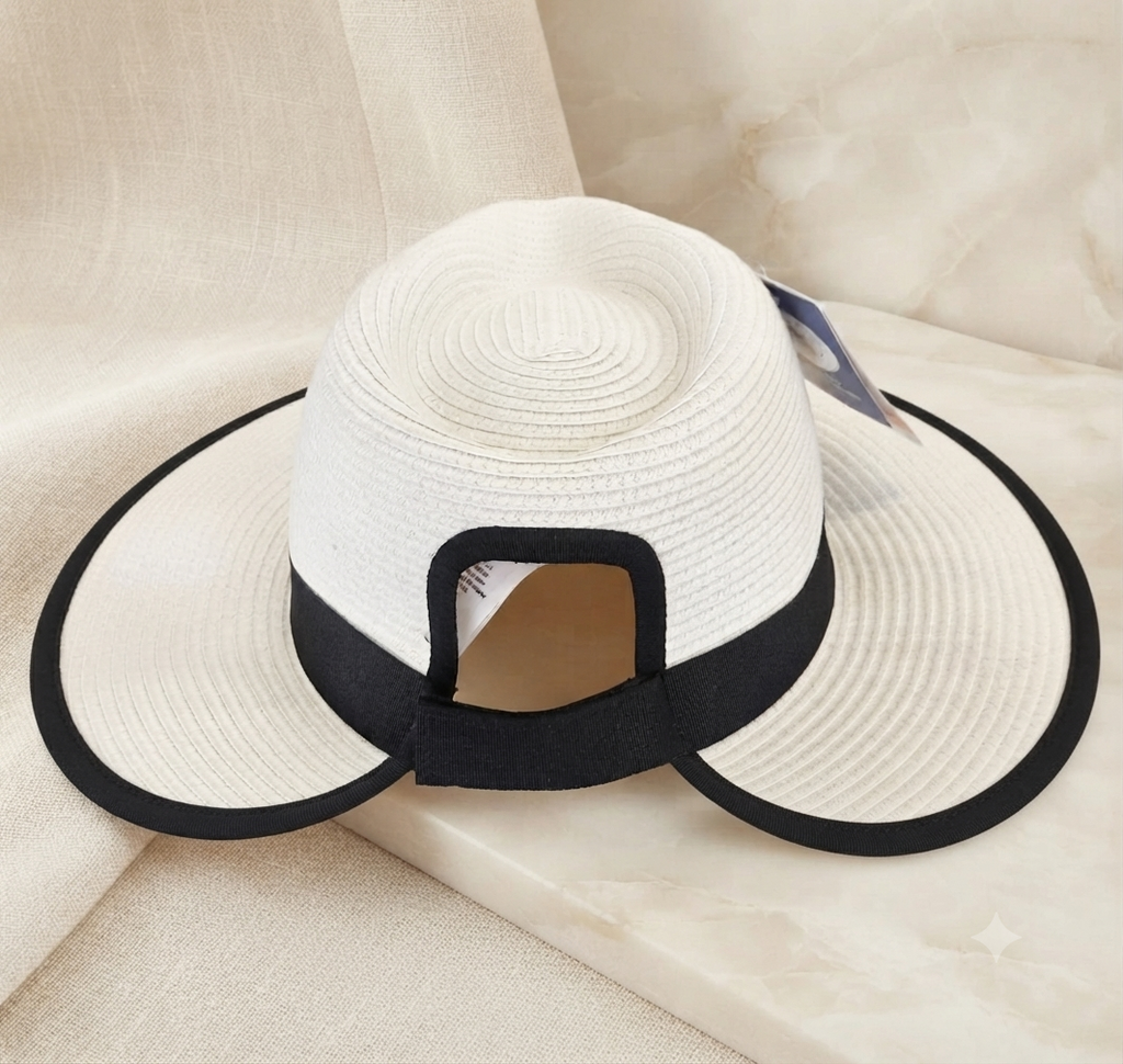 Sombrero Estilo Gabi con Borde Negro y Protección Solar UPF 50+ - Color Ivory