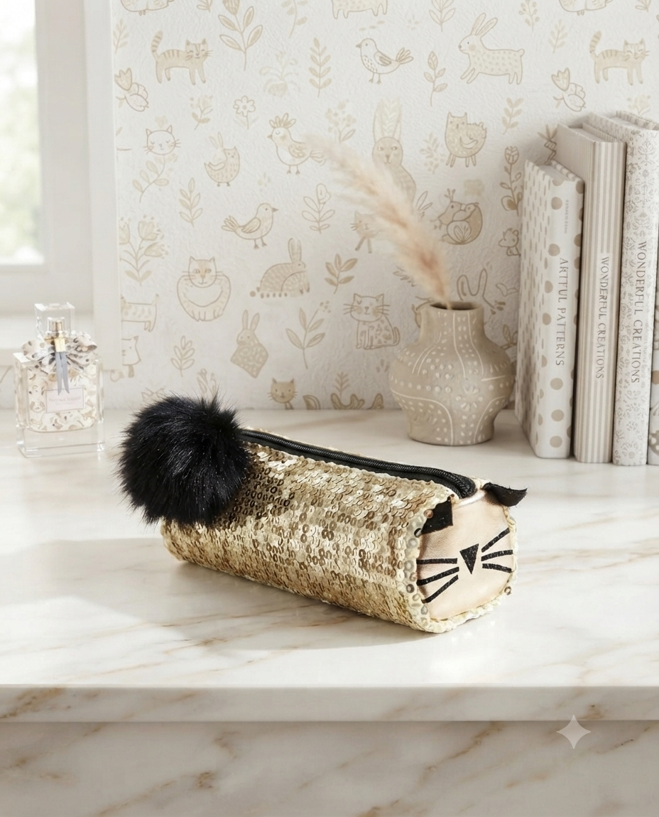 Estuche / Lapicera Cilíndrica de Lentejuelas con Pompones — Inkologu